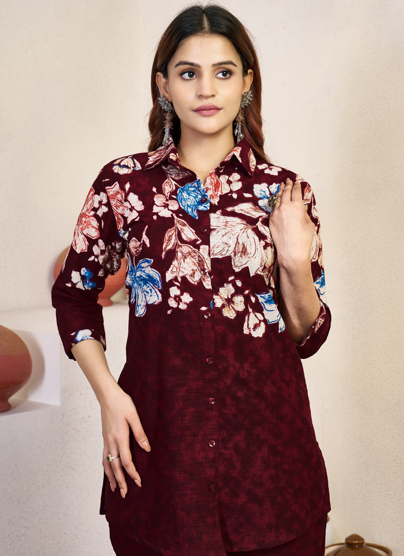 Prazu Fashion Maroon Pure Cotton Stylish Prints Co-Ords Set - Swadesiicart