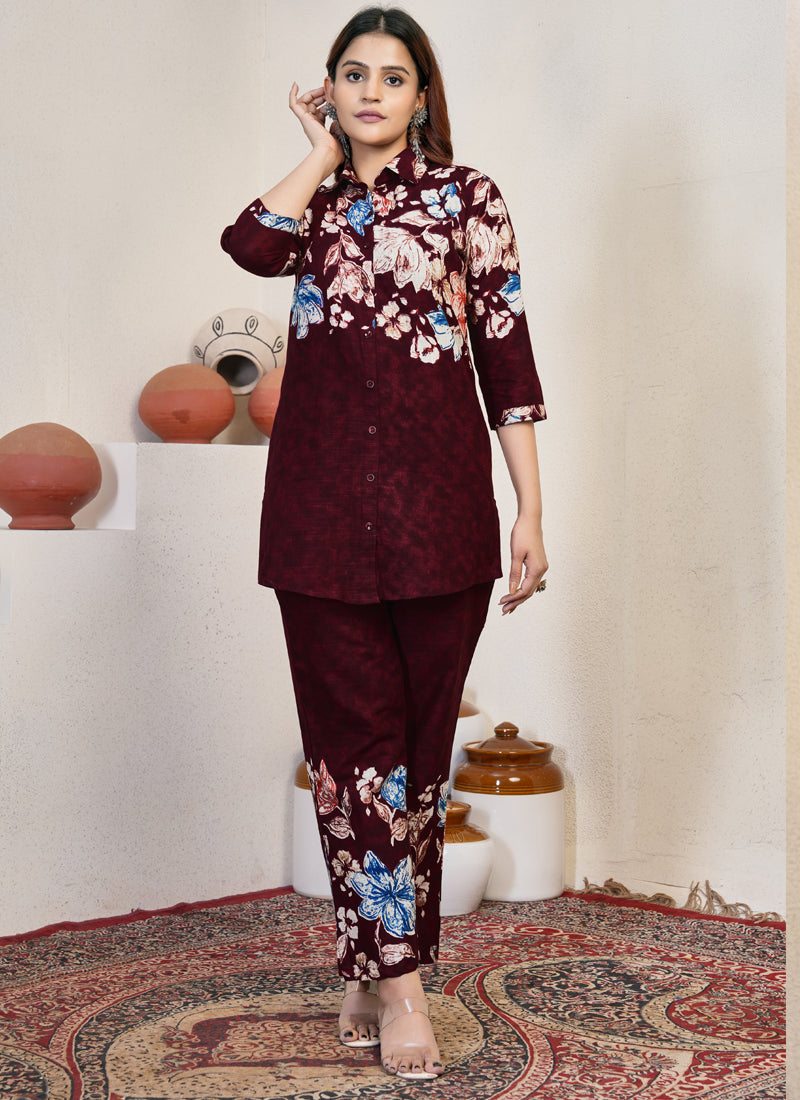 Prazu Fashion Maroon Pure Cotton Stylish Prints Co-Ords Set - Swadesiicart