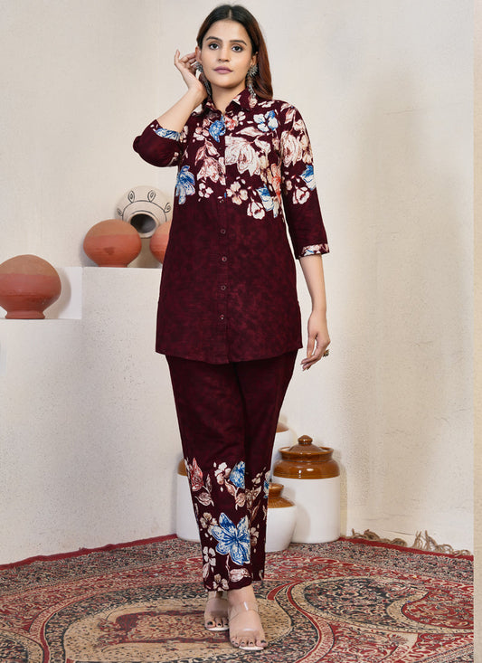 Prazu Fashion Maroon Pure Cotton Stylish Prints Co-Ords Set - Swadesiicart
