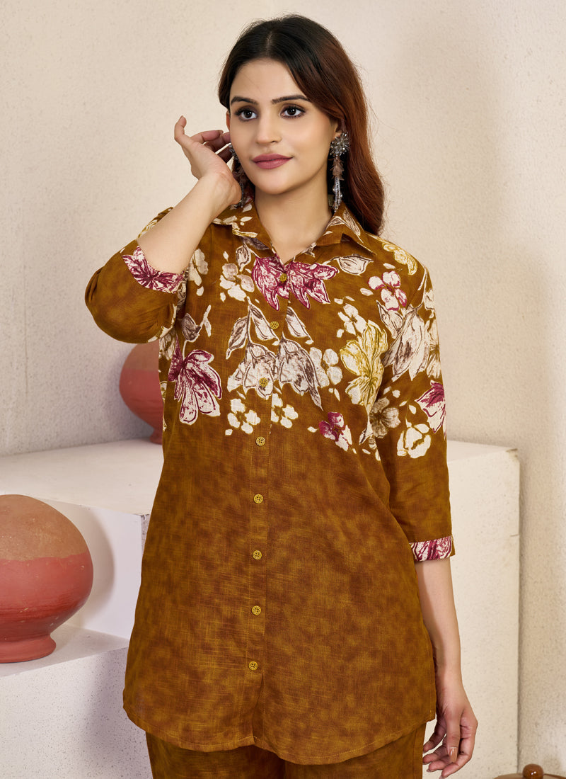 Prazu Fashion Mustard Pure Cotton Stylish Prints Co-Ords Set - Swadesiicart