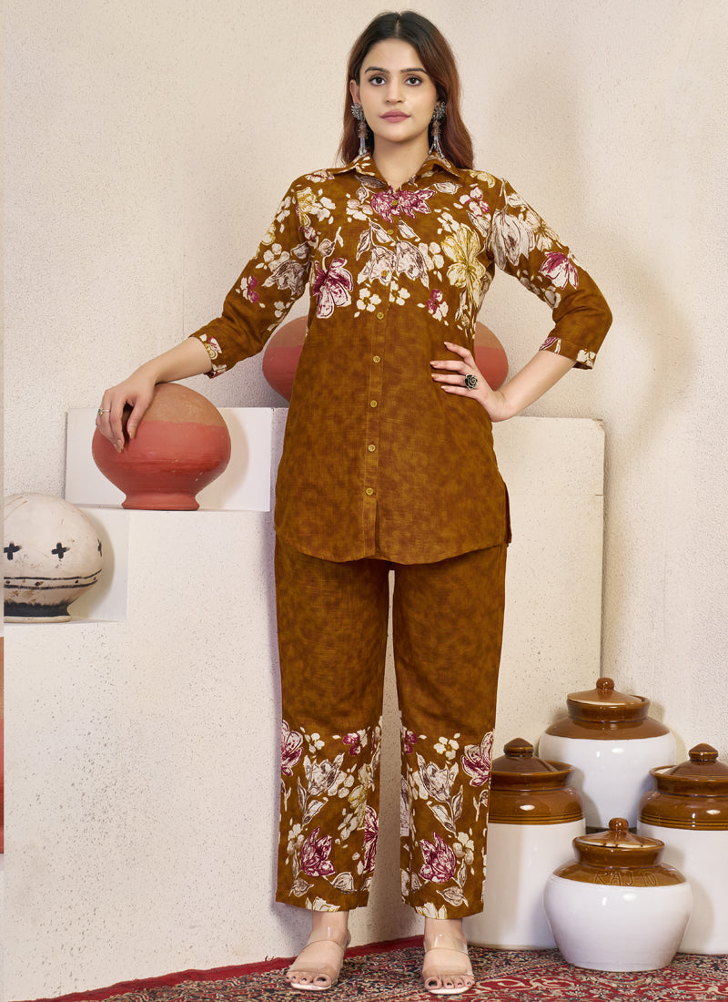 Prazu Fashion Mustard Pure Cotton Stylish Prints Co-Ords Set - Swadesiicart