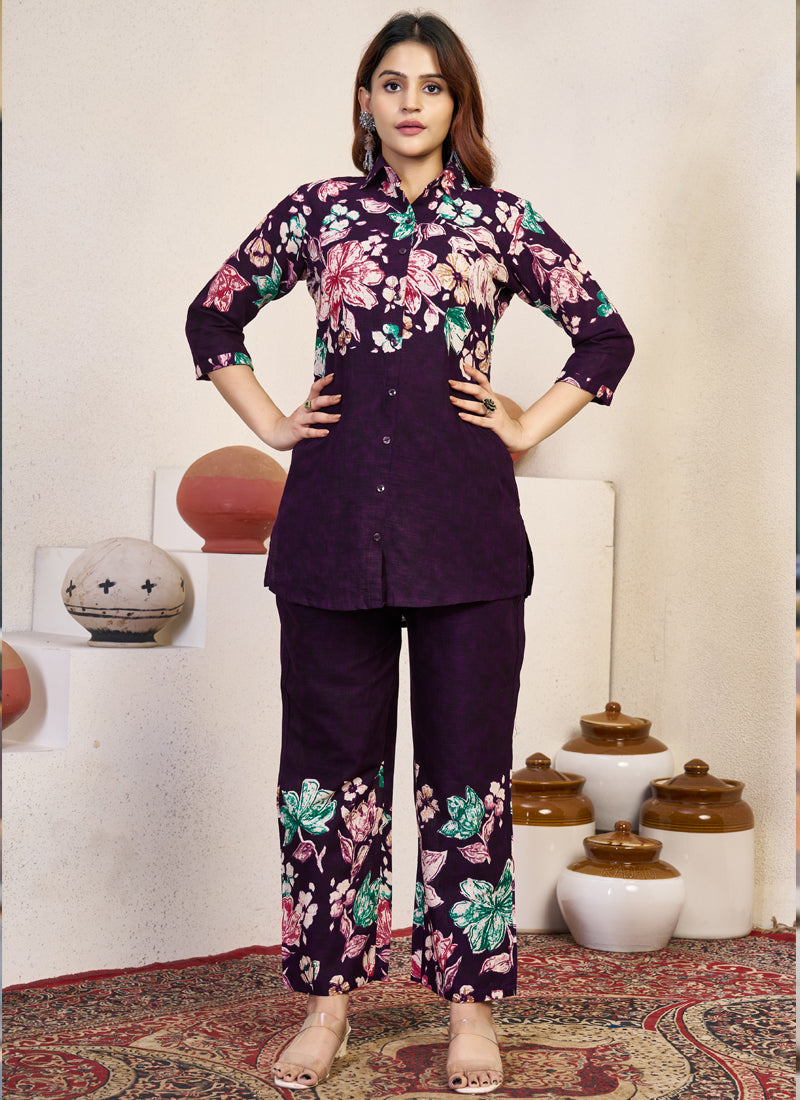 Prazu Fashion Violet Pure Cotton Stylish Prints Co-Ords Set - Swadesiicart