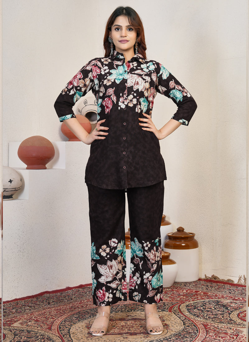 Prazu Fashion Wine Pure Cotton Stylish Prints Co-Ords Set - Swadesiicart