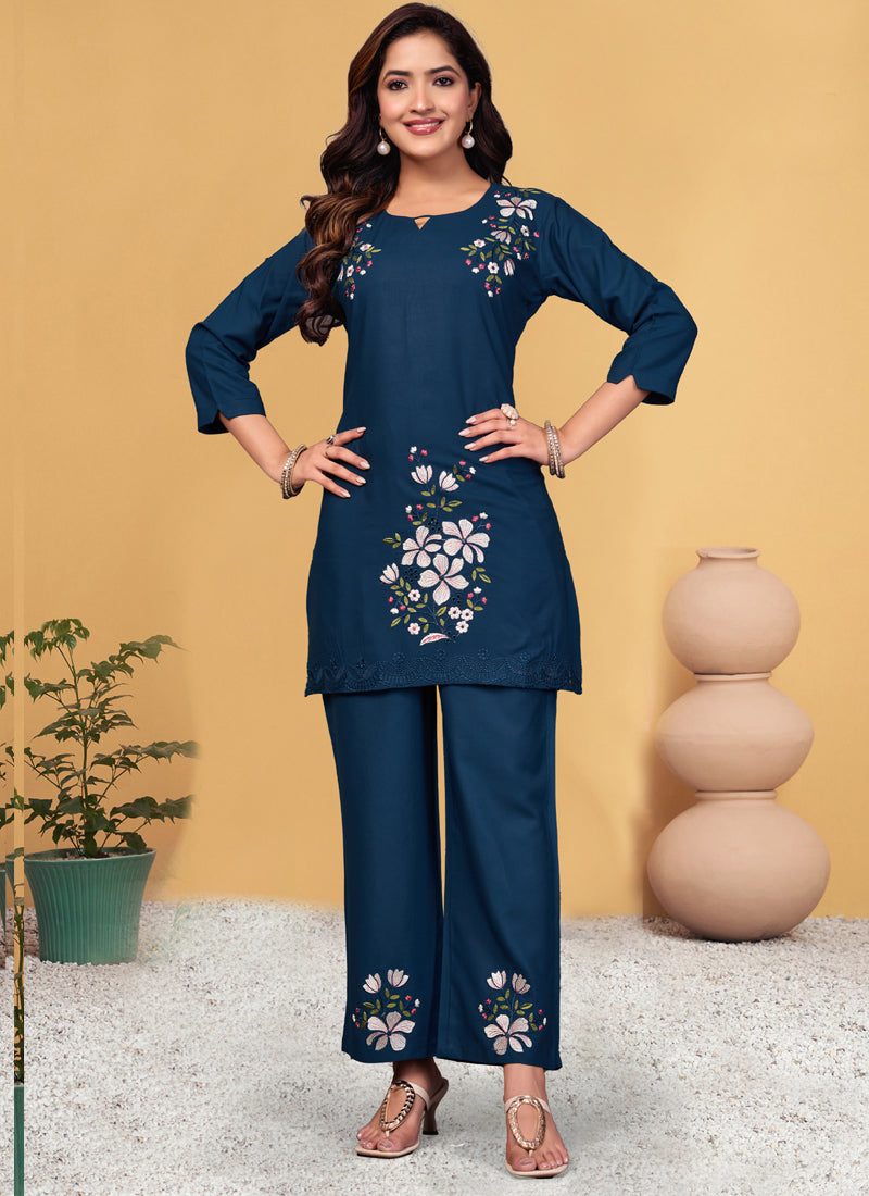 Prazu Fashion Blue Rayon Embroidery Thread Work Co-Ords Set - Swadesiicart