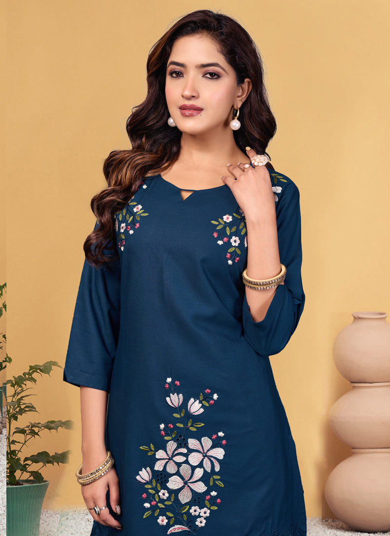 Prazu Fashion Blue Rayon Embroidery Thread Work Co-Ords Set - Swadesiicart