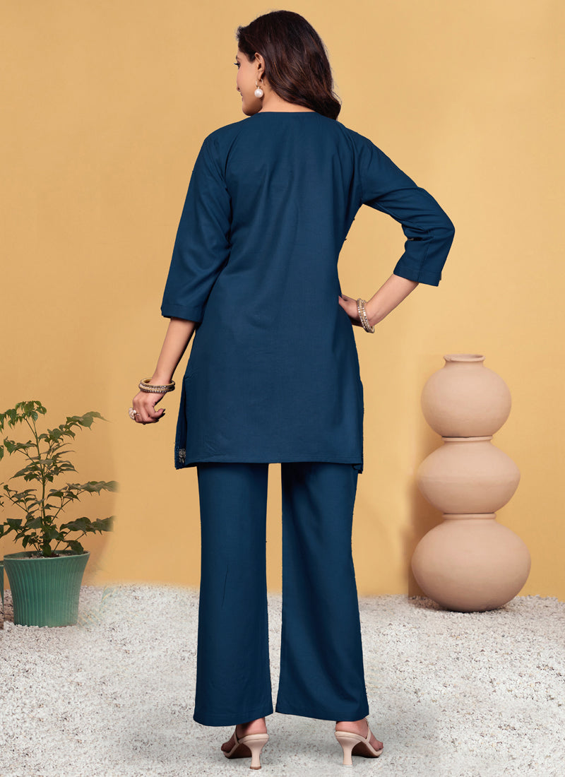 Prazu Fashion Blue Rayon Embroidery Thread Work Co-Ords Set - Swadesiicart