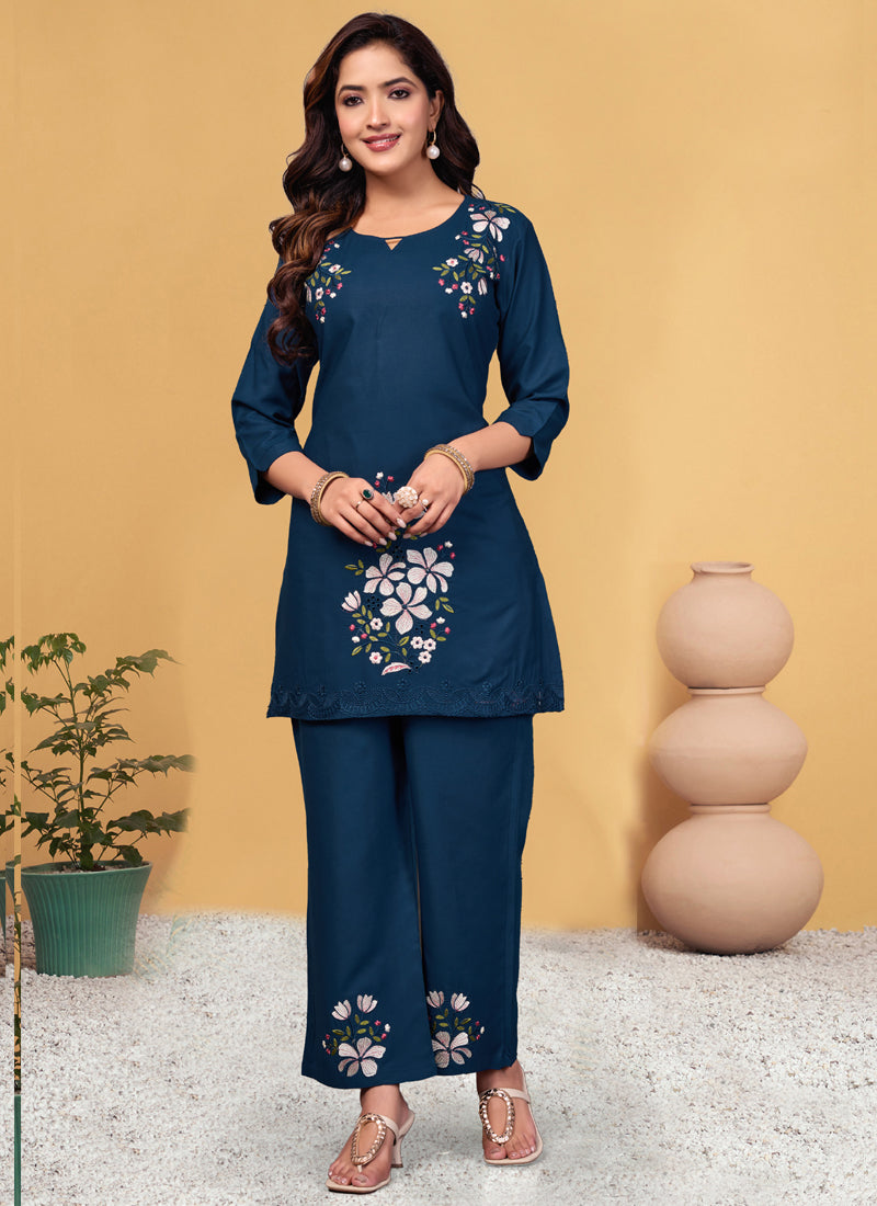 Prazu Fashion Blue Rayon Embroidery Thread Work Co-Ords Set - Swadesiicart