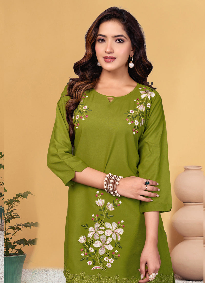 Prazu Fashion Mahendi Rayon Embroidery Thread Work Co-Ords Set - Swadesiicart