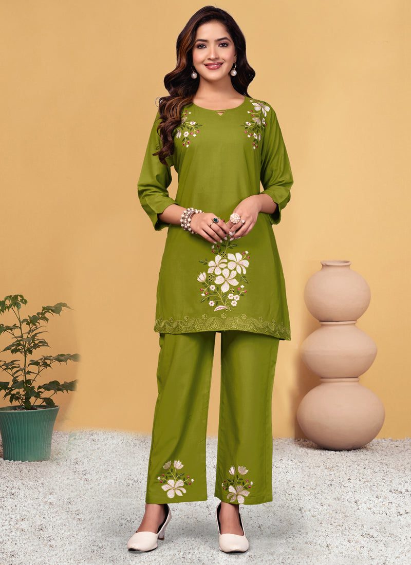 Prazu Fashion Mahendi Rayon Embroidery Thread Work Co-Ords Set - Swadesiicart