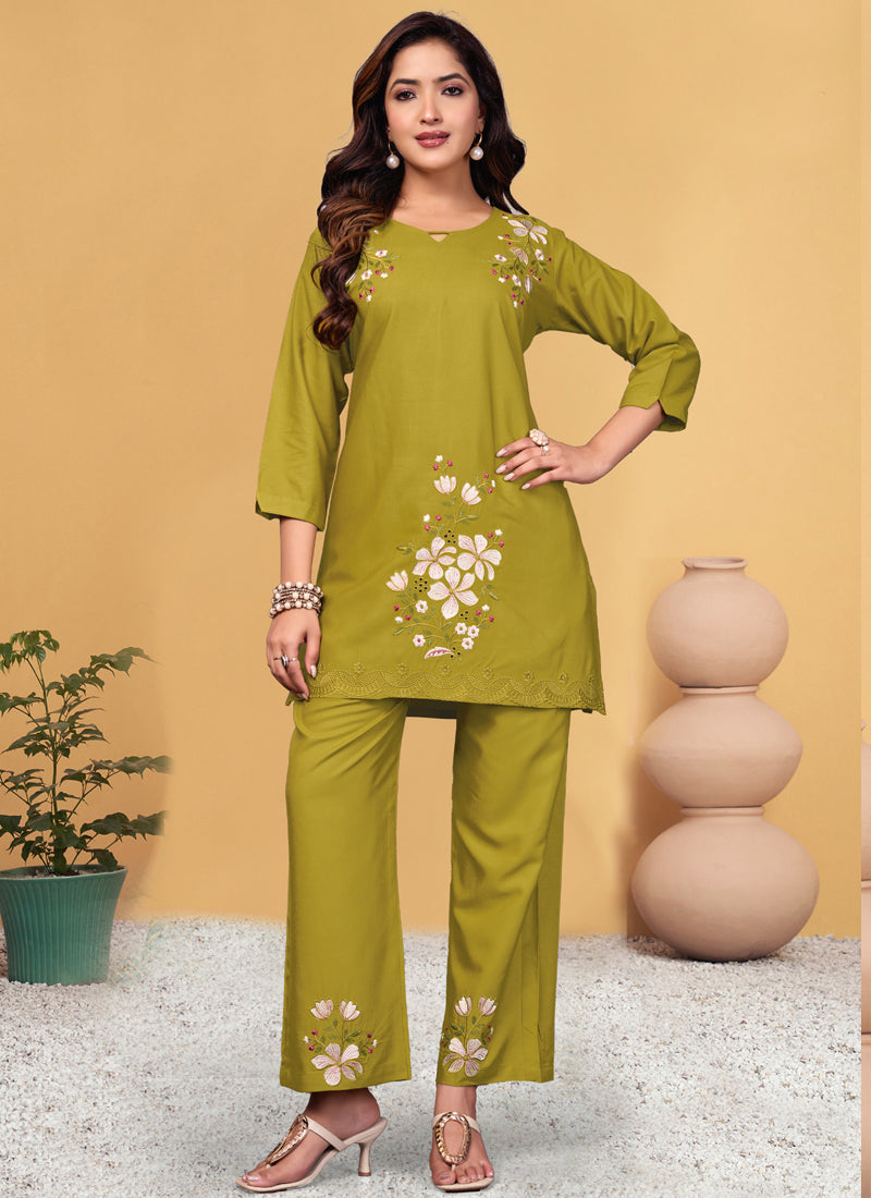 Prazu Fashion Mustard Rayon Embroidery Thread Work Co-Ords Set - Swadesiicart