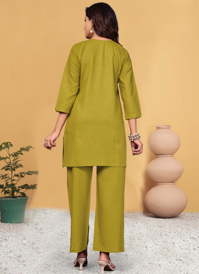 Prazu Fashion Mustard Rayon Embroidery Thread Work Co-Ords Set - Swadesiicart
