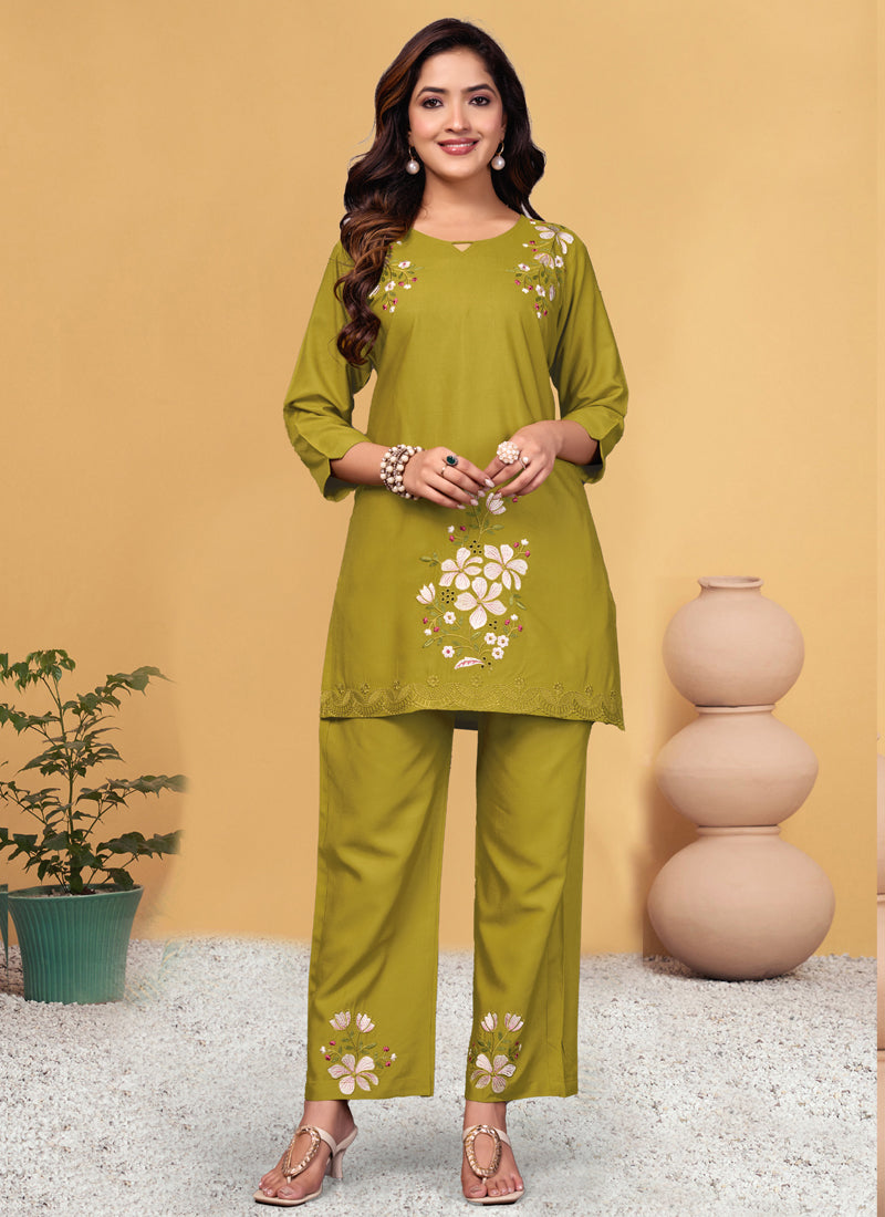 Prazu Fashion Mustard Rayon Embroidery Thread Work Co-Ords Set - Swadesiicart