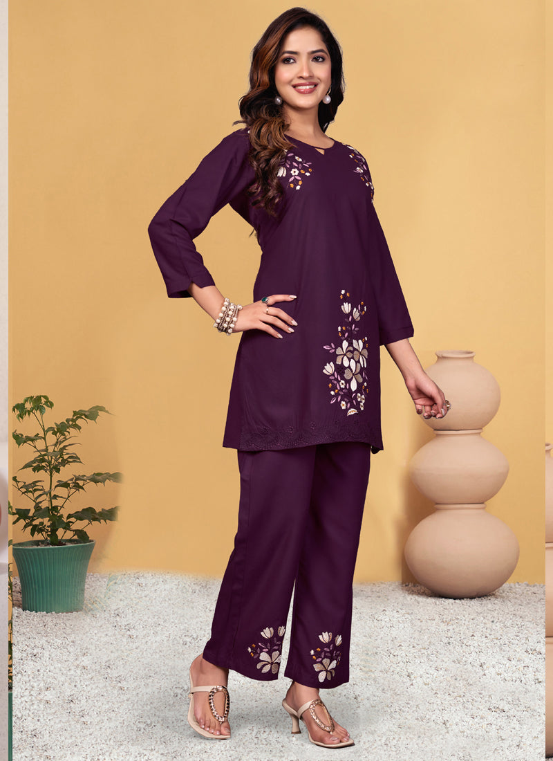 Prazu Fashion Wine Rayon Embroidery Thread Work Co-Ords Set - Swadesiicart