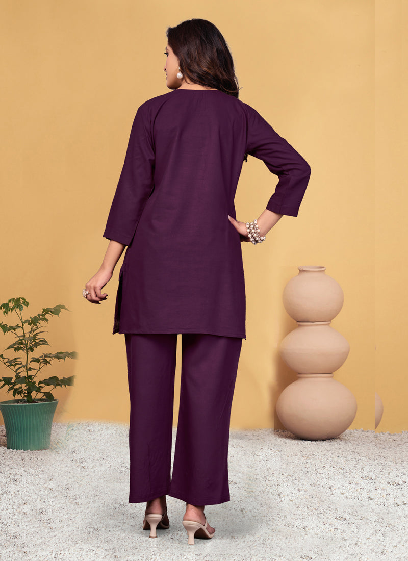 Prazu Fashion Wine Rayon Embroidery Thread Work Co-Ords Set - Swadesiicart