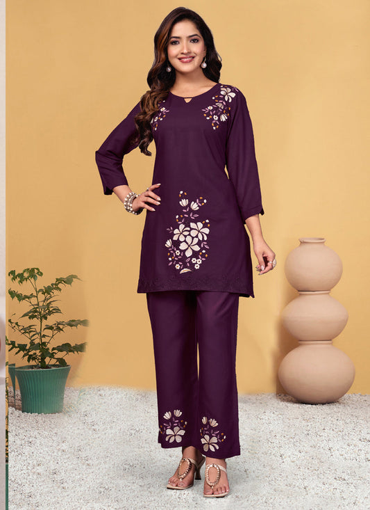 Prazu Fashion Wine Rayon Embroidery Thread Work Co-Ords Set - Swadesiicart
