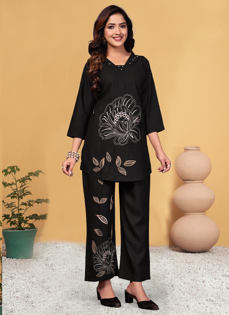 Prazu Fashion Black Viscose Rayon Embroidery Thread Work Co-Ords Set - Swadesiicart
