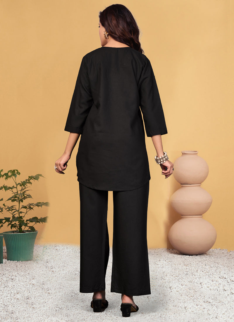 Prazu Fashion Black Viscose Rayon Embroidery Thread Work Co-Ords Set - Swadesiicart