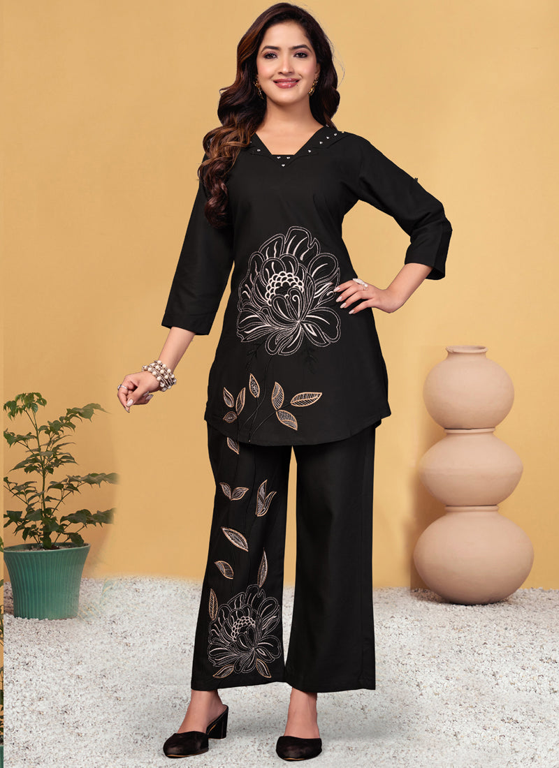 Prazu Fashion Black Viscose Rayon Embroidery Thread Work Co-Ords Set - Swadesiicart
