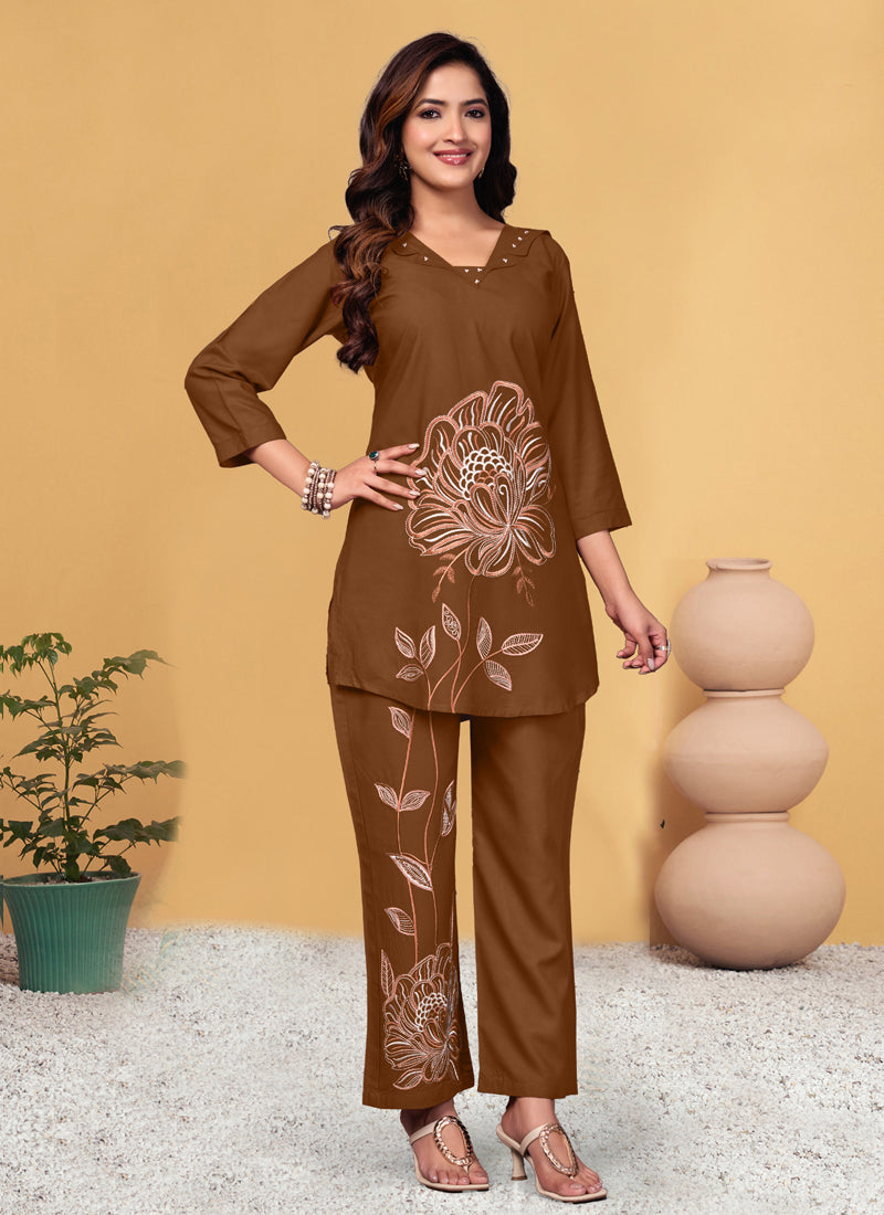Prazu Fashion Brown Viscose Rayon Embroidery Thread Work Co-Ords Set - Swadesiicart