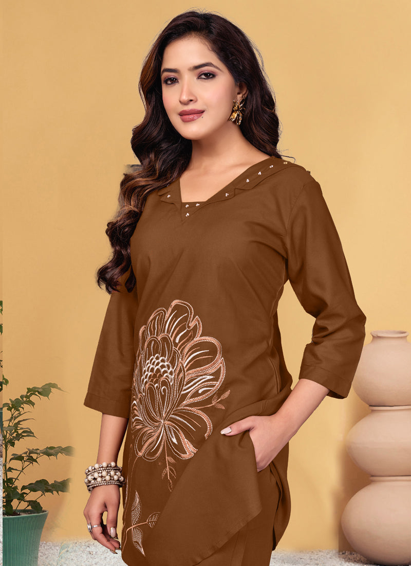 Prazu Fashion Brown Viscose Rayon Embroidery Thread Work Co-Ords Set - Swadesiicart