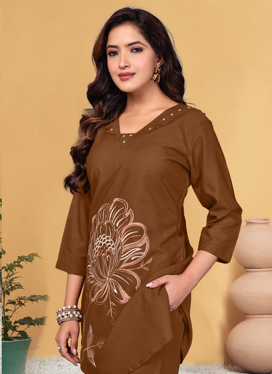 Prazu Fashion Brown Viscose Rayon Embroidery Thread Work Co-Ords Set - Swadesiicart