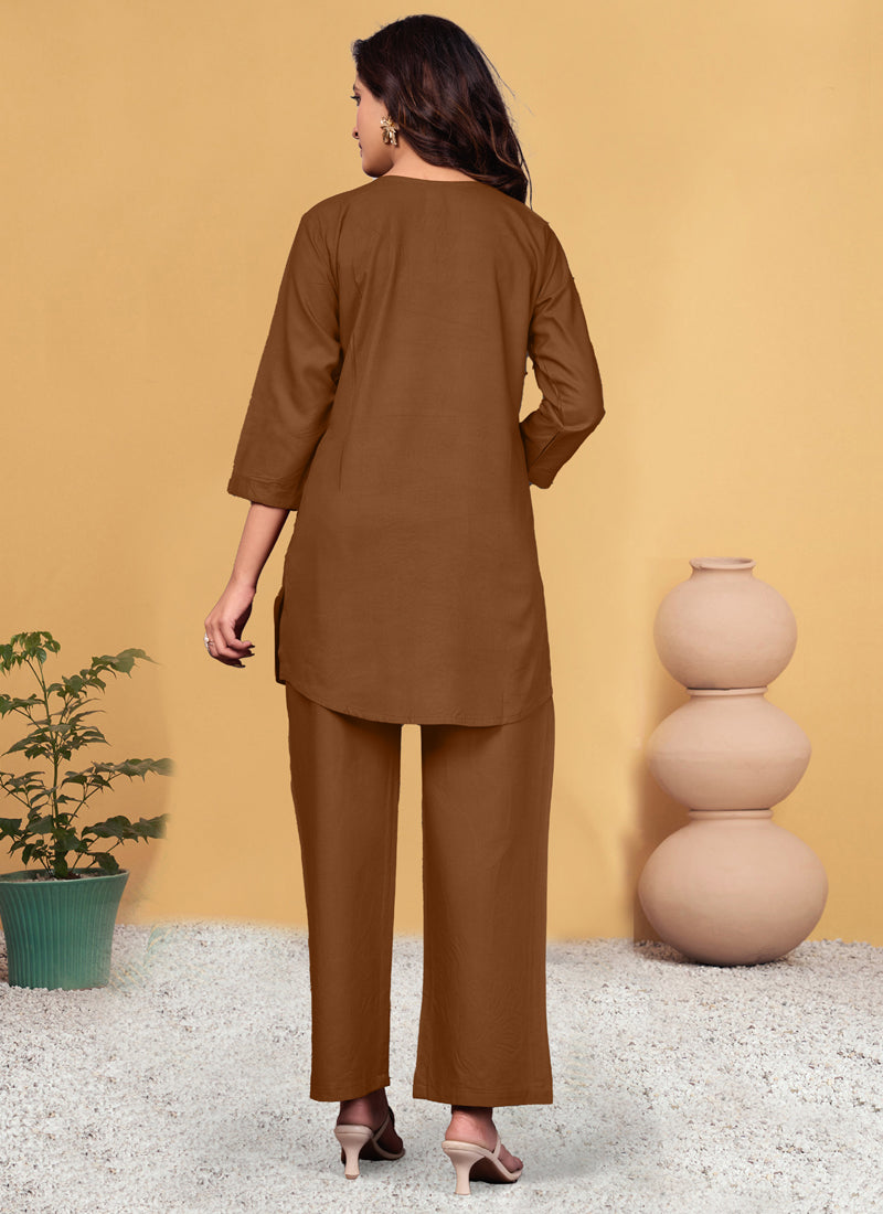 Prazu Fashion Brown Viscose Rayon Embroidery Thread Work Co-Ords Set - Swadesiicart