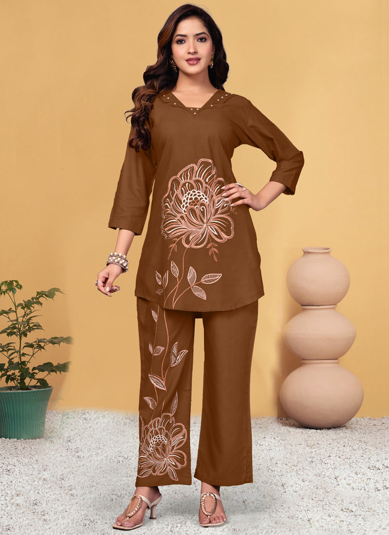 Prazu Fashion Brown Viscose Rayon Embroidery Thread Work Co-Ords Set - Swadesiicart