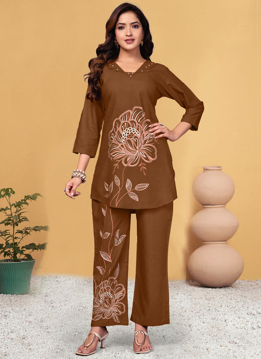 Prazu Fashion Brown Viscose Rayon Embroidery Thread Work Co-Ords Set - Swadesiicart