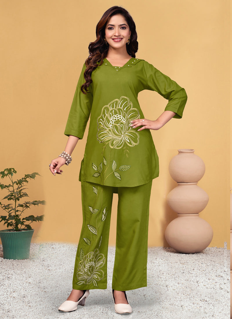 Prazu Fashion Parrot Green Viscose Rayon Embroidery Thread Work Co-Ords Set - Swadesiicart