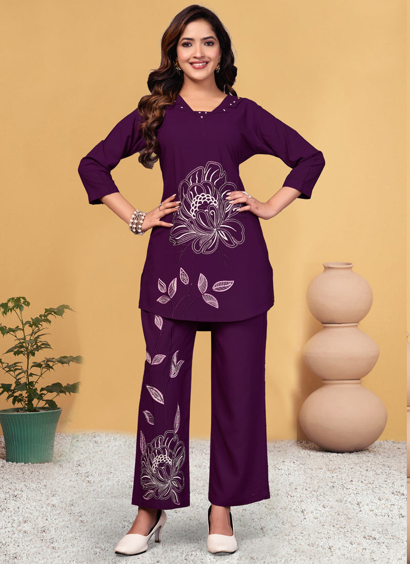 Prazu Fashion Purple Viscose Rayon Embroidery Thread Work Co-Ords Set - Swadesiicart