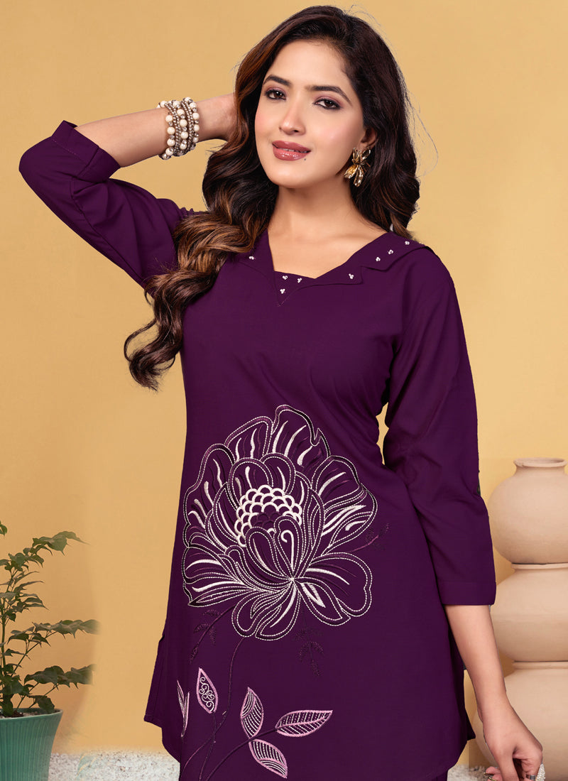 Prazu Fashion Purple Viscose Rayon Embroidery Thread Work Co-Ords Set - Swadesiicart