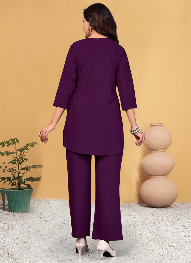 Prazu Fashion Purple Viscose Rayon Embroidery Thread Work Co-Ords Set - Swadesiicart
