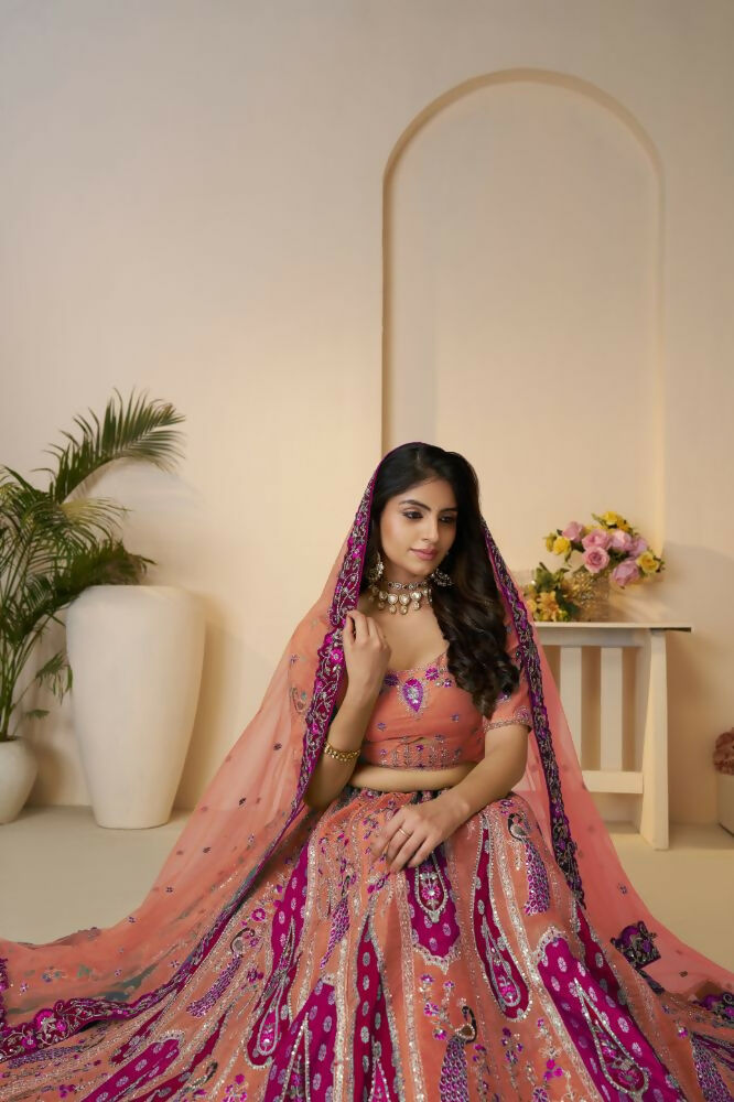 Kesar Fab Orange Banarasi Silk Embroidered Lehenga | Swadesiicart