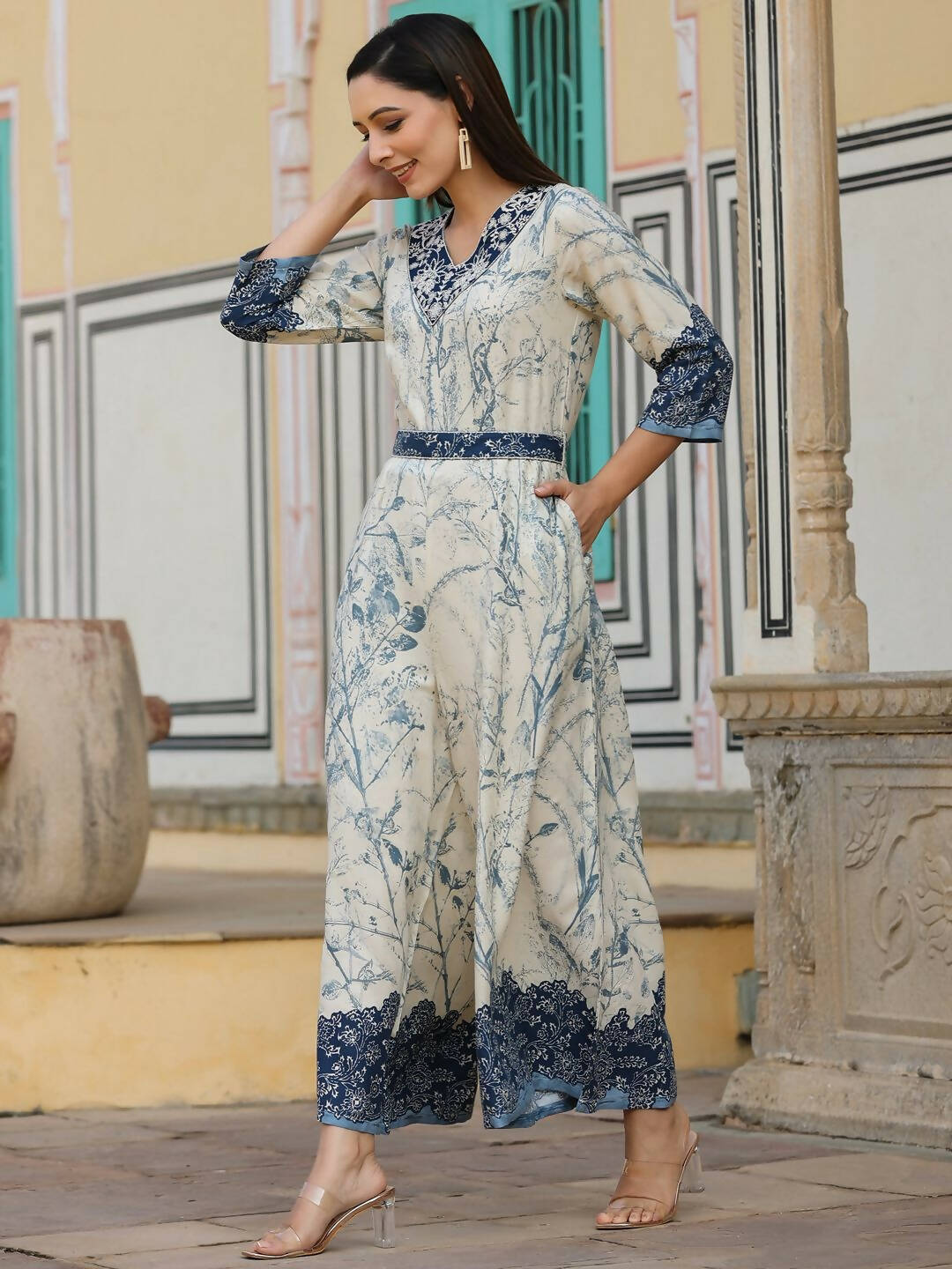 Juniper Women's Offwhite Rayon Staple Printed With Embroidery Straight Jumpsuit - Swadesiicart