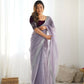 Attrctive Looking Gold Jari, Sequance Embroidery Work Twill Net Party Wear Saree - Lavender