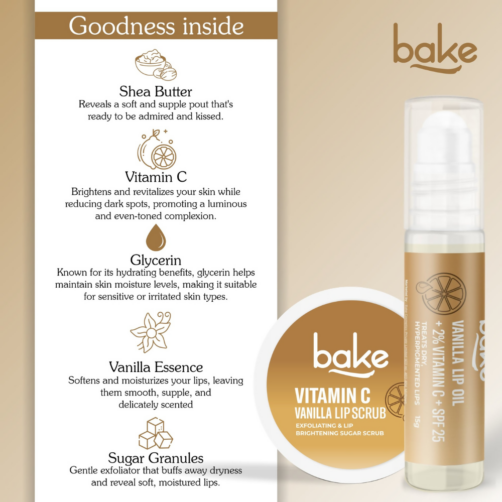 Bake Vitamin C Vanilla Lip Kit With Lip Balm SPF 25 & Lip Scrub For Dark & Pigmented Lips | Swadesiicart