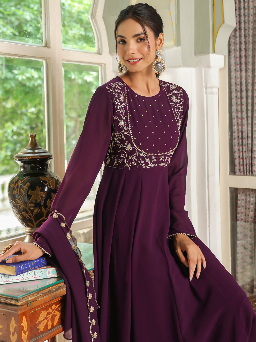 Janasya Purple Georgette Embroidered Kurta,Bottom & Dupatta | Swadesiicart