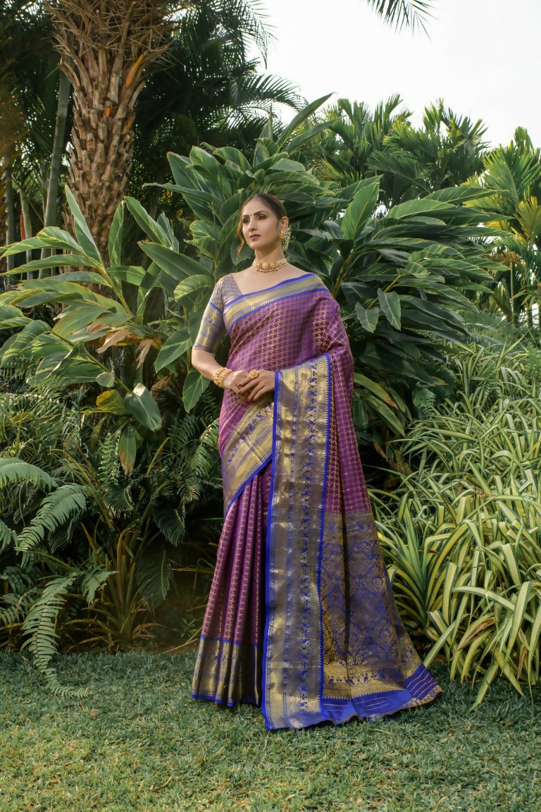 Jyoti Fashion Women's Purple Kanjivaram Silk Zari Woven Saree with Blouse | Swadesiicart