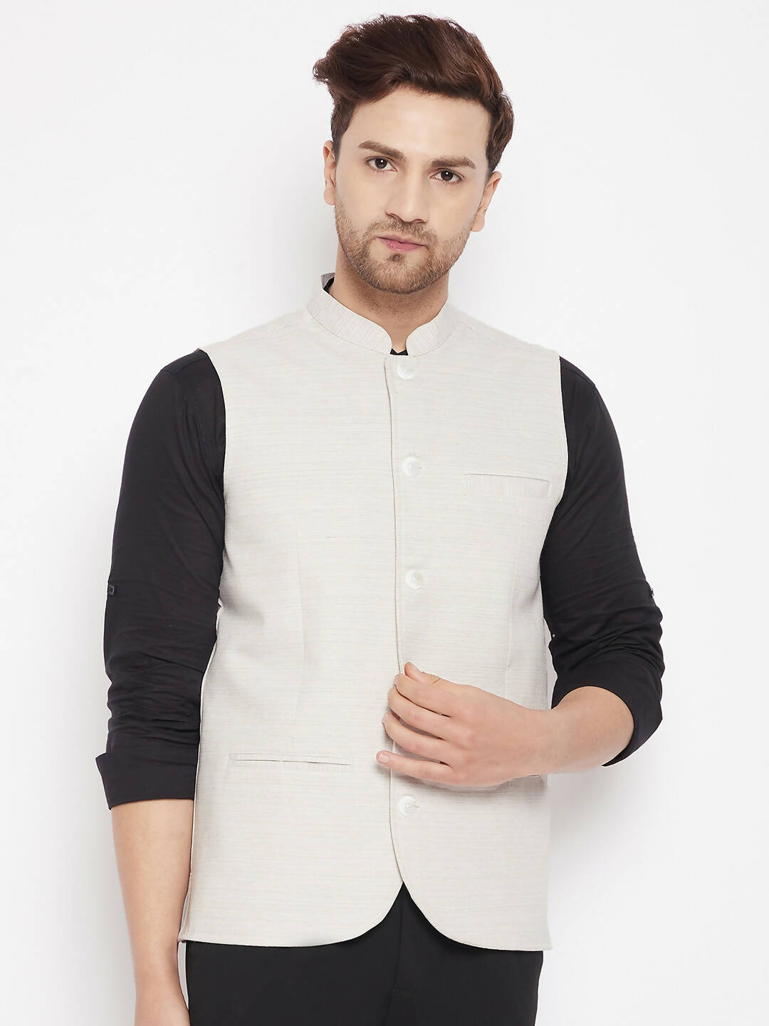 Even Apparels Cream Merino Men Woven Nehru Jacket BF504 | Swadesiicart
