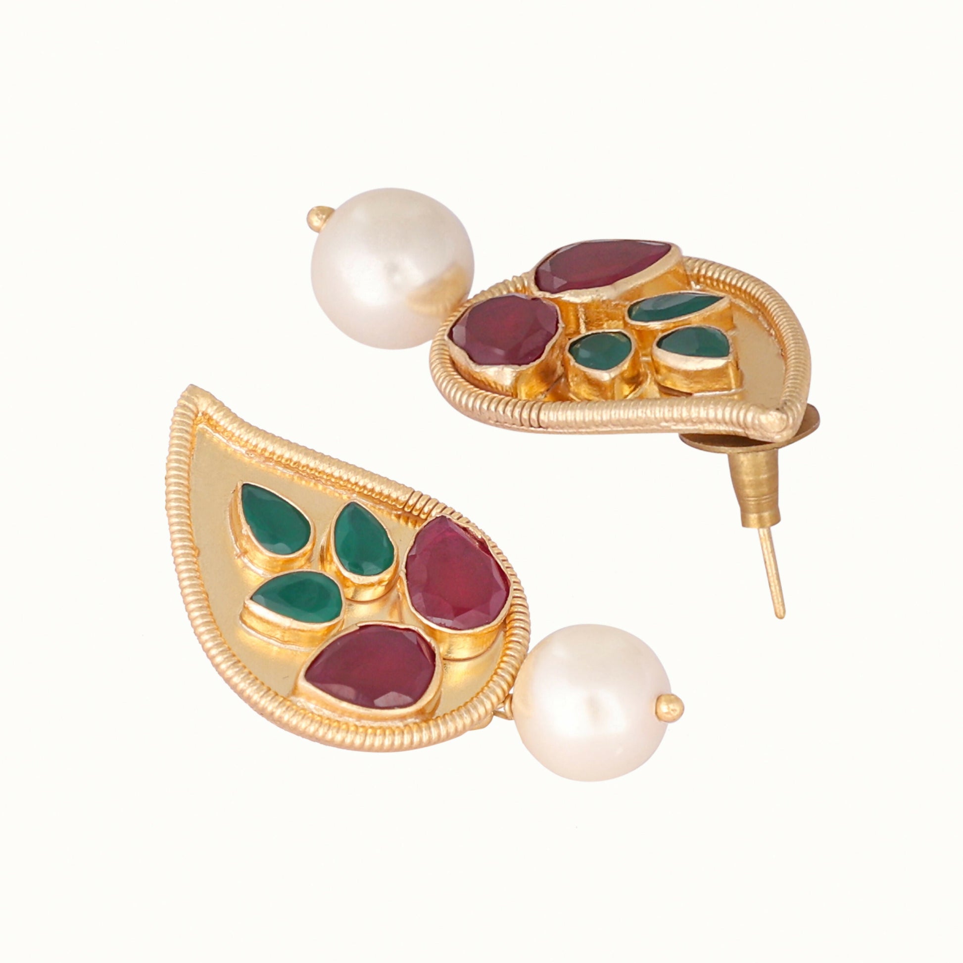 Nuyug 22K Gold Plated Ruby Stone Studded Contemporary Petal Shaped Pearl Drop Stud Earrings | Swadesiicart