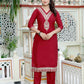 Miravan Women's Embroidered Pure Silk Red Kurta with Palazzo and Dupatta - Swadesiicart