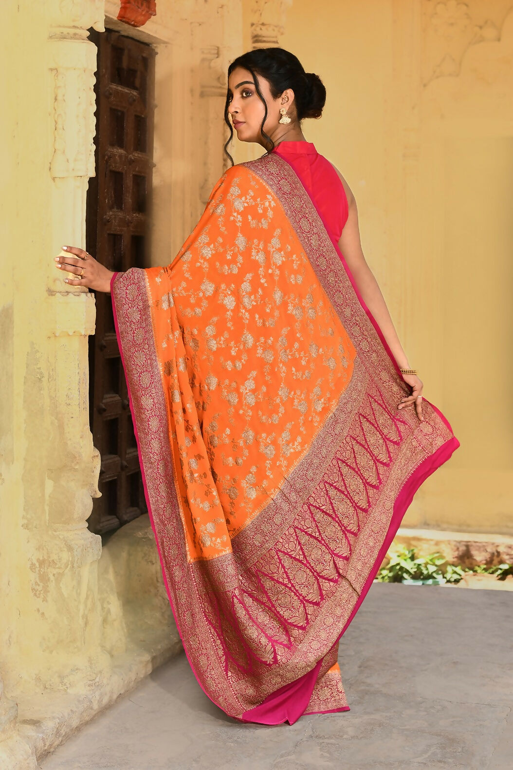 Joban Fashion Orange Crepe Chiffon Pure Handloom Banarasi Silk Saree | Swadesiicart