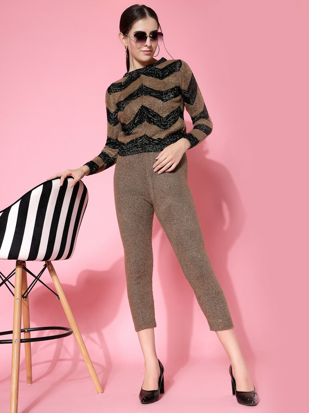 Women Black Acrylic Stripe & Solid Winter Co-Ord Set - Wool Trees - Swadesiicart