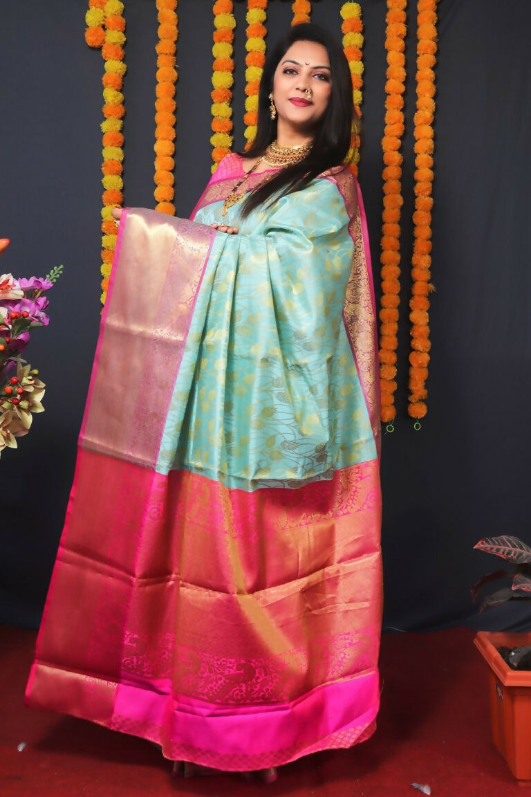 Jyoti Fashion Women's Sky Blue Kanjivaram Silk Zari Woven Saree with Blouse | Swadesiicart