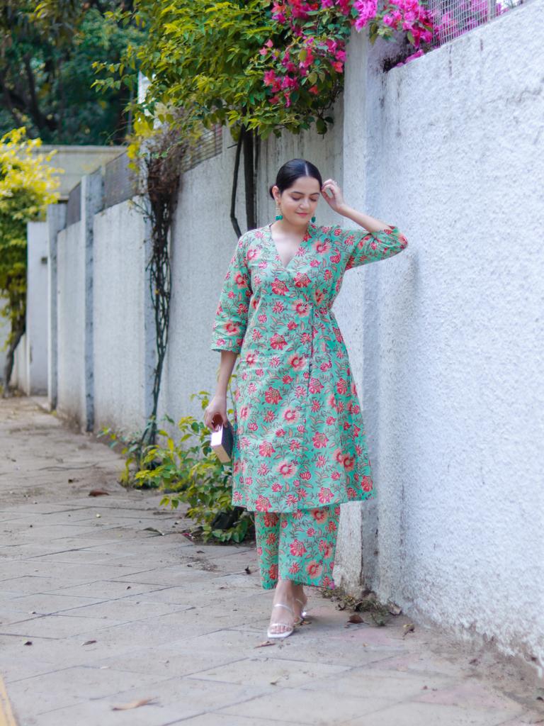 trueBrowns Seafoam Green Overall Floral Block Print Cotton Angrakha Pant Set | Swadesiicart
