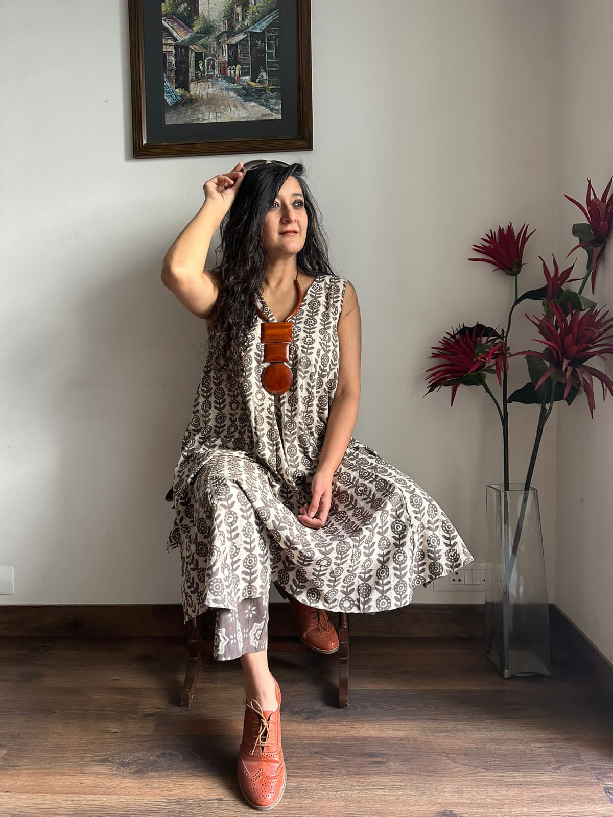 trueBrowns Clay Dabu Buta Print Cotton Sleeveless Flared Kurta Pant Set | Swadesiicart