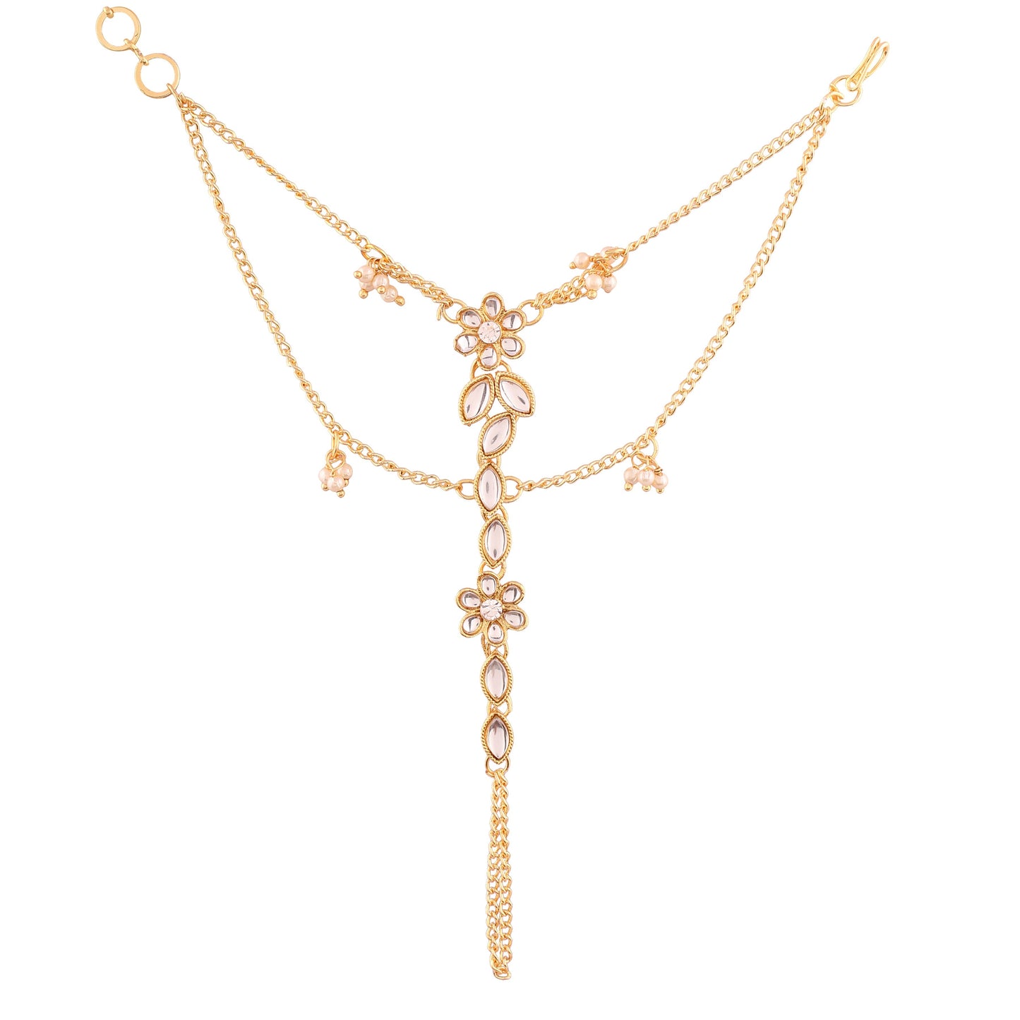 Traditional Gold-Polished Kundan Pearl Hath Phool/Punja/Adjustable Chain Bracelet with Ring for Women - Wahe Jewels - Swadesiicart