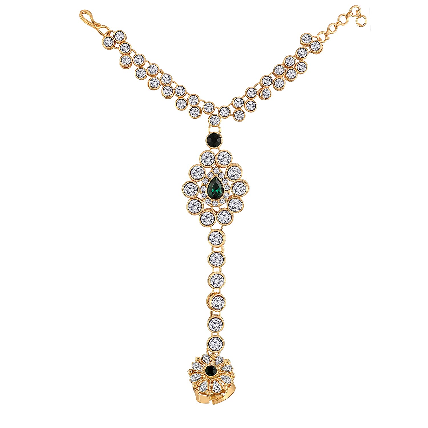Traditional Gold-Polished CZ Haath Phool/Panja/Adjustable Bracelet with Ring for Women - Wahe Jewels - Swadesiicart