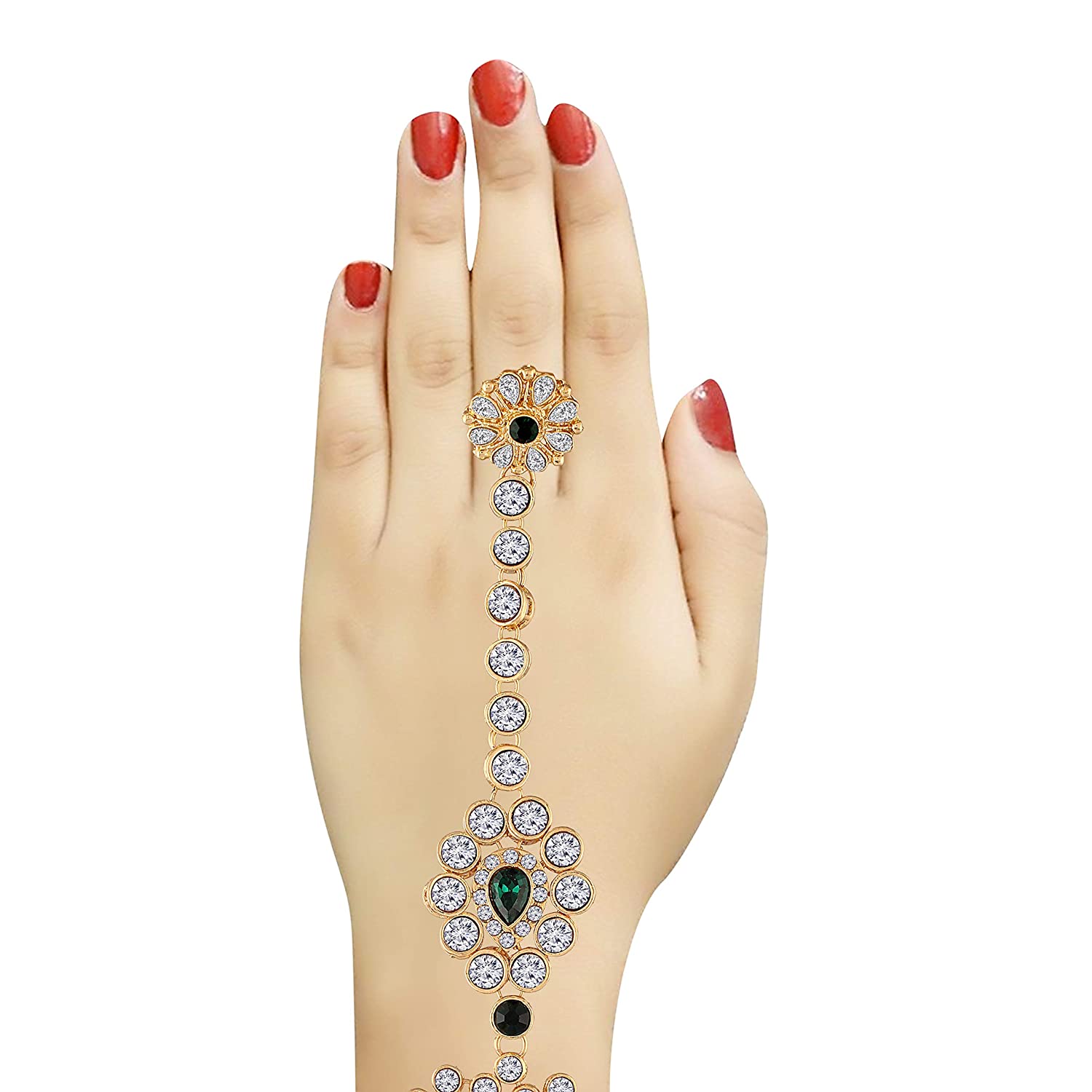 Traditional Gold-Polished CZ Haath Phool/Panja/Adjustable Bracelet with Ring for Women - Wahe Jewels - Swadesiicart