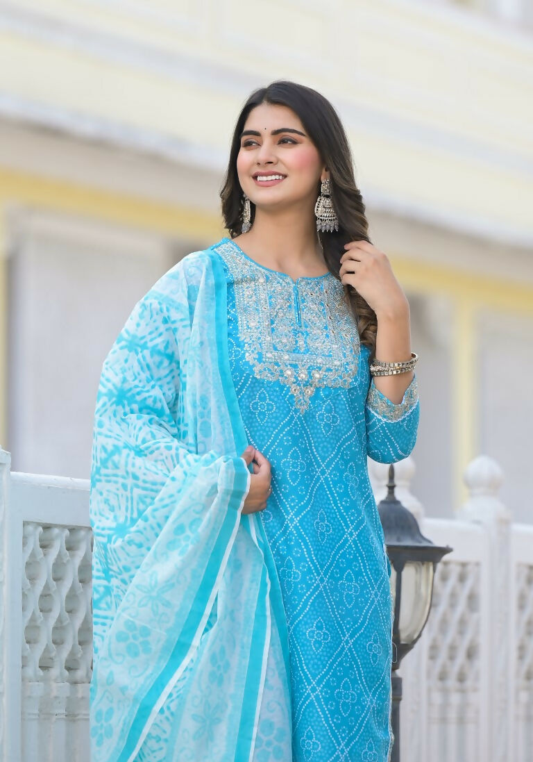 Partywear Designer sky blue cotton Stitched Suit With Dupatta - Tanisha | Swadesiicart